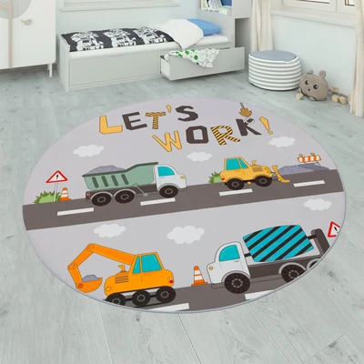 Abbildung von Paco Home Kinderteppich &quot;Bino 578&quot;, rund, Spielteppich, Motiv Autos &amp; Baustelle, Kinderzimmer