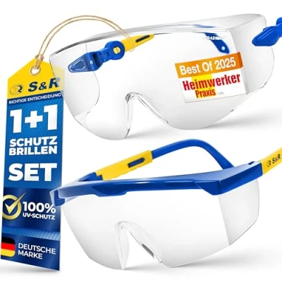 Abbildung von S&amp;R Arbeitsschutzbrille Überbrille für Brillenträger, EN166, verstellbare Bügel, UV 400 Schutz, (Set, 2St., 2 Sicherheitsbrillen 1 Schützhülle, schonendes Reinigungstuch), aus stoßfestem Polycarbonat, transparent