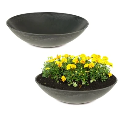Abbildung von matches21 HOME &amp; HOBBY Wetterfeste Pflanzschalen 2 STK. für draussen in 35 cm schwarz marmoriert als Blumenschalen Dekoschalen