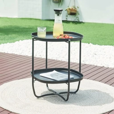 Abbildung von [en.casa] Outdoor Beistelltisch Sandefjord Tabletttisch Balkontisch mit 2 abnehmbaren Tabletts Schwarz Gartentisch 57,5 x 46 cm rechteckig Indoor Metalltisch