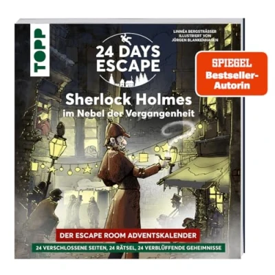 Abbildung von 24 DAYS Escape der Room Adventskalender: Sherlock Holmes im Nebel Vergangenheit: verschlossene Rätselseiten und XXL Poster. Das Adventskalenderbuch!