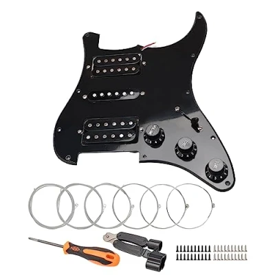 Abbildung von Unxuey Vorverdrahtete Schlagbrett Platte mit 10 Löchern, schwarzen HSH Tonabnehmerteilen für Fender Strat Gitarre, Gitarrensaiten und Installationswerkzeug