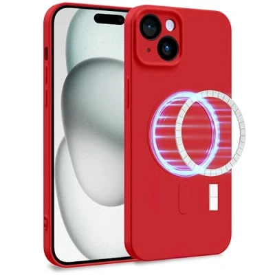 Abbildung von MyGadget Hülle für Apple iPhone 15 Plus [ kompatibel mit MagSafe ] Zweilagige Handyhülle Kameraschutz Cover Innenfutter &amp; Silikon außen Rot