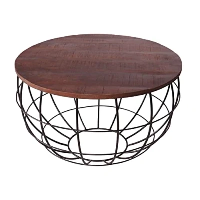 Abbildung von kreatives Wohnen Couchtisch rund ø 75 cm Wohnzimmer Tisch Massivholz London Metall Gitter Drahtgestell braun Bassano, Holz, Extra breit