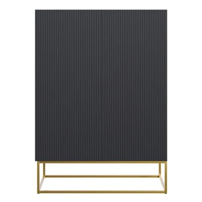 Abbildung von Selsey Kommode Schrank Aufbewahrungsschrank 90 cm 2 Türen 3 Fächer Schwarz Goldene Beine Veldio
