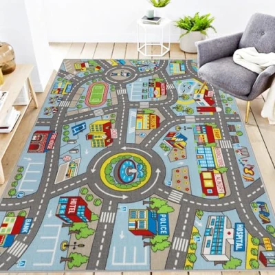 Abbildung von Capslpad Autoteppich Kinder 150x200cm rutschfest Kinderteppich Stadtplan Interaktive Spielteppich Waschbar Kreativ Pädagogisch Spielmatte für Teenager Kinderzimmer Spielzimmer Dekor,Hellblau
