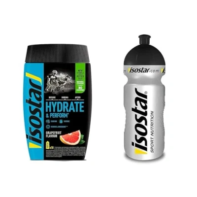 Abbildung von Isostar Hydrate &amp; Perform Iso Drink 400 g isotonisches Getränkepulver Elektrolyt Pulver zur Unterstützung der sportlichen Leistungsfähigkeit Grapefruit + 0,5 Liter Flasche