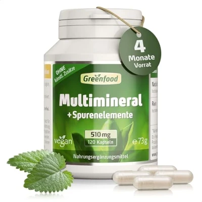 Abbildung von Multimineral Komplex Kapsel Mineralstoff mit Spurenelementen 510mg (120 vegane Kapseln) Magnesium, Calcium, Zink, Selen &amp; Jod für Knochen, Haare, Nägel Nerven Greenfood