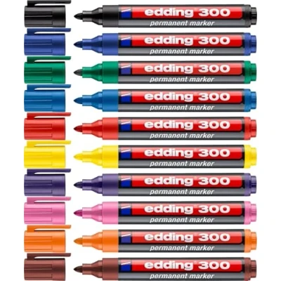 Abbildung von edding 300 Permanentmarker 10 Stifte Rundspitze 1,5 3 mm wasserfest, schnell trocknend wischfest für Karton, Kunststoff, Glas, Holz, Metall, Glas (Sortiert)