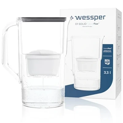 Abbildung von Wessper Wasserfilter Kanne 3,3 liter, mit LED Zählwerk, Wasser Karaffe Filter, Aktivkohle Kartusche Reduziert Kalk und Chlor, BPA Free Filterkanne Schwarz