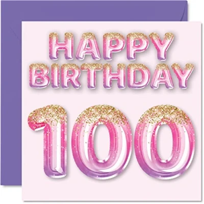 Abbildung von Geburtstagskarte zum 100. Geburtstag Frauen rosa und lila Glitzerballons Happy Karten 100 Jahre alte Frau Mama Great Nanny Grandma Gran 145 mm Einhundert Hundert Grußkarten Geschenk