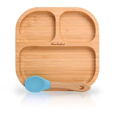 Abbildung von bambuskind Kinderteller mit Saugnapf skyblue Inkl. Rezepte Ebook I rutschfester Babyteller aus Bambus Löffel Kindergeschirr Set zum Essen lernen ohne schädliche Kunststoffe
