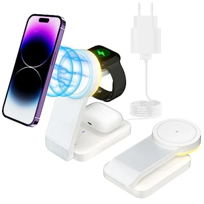 Abbildung von tigratigro Wireless Charger für Magsafe Ladegerät Faltbar,iPhone Ladestation Kompatibel mit iPhone 12/13/14/15 Serie, Apple Watch 8/7/6/5/4/3/2/SE und AirPods 3/2/Pro (Weiß)