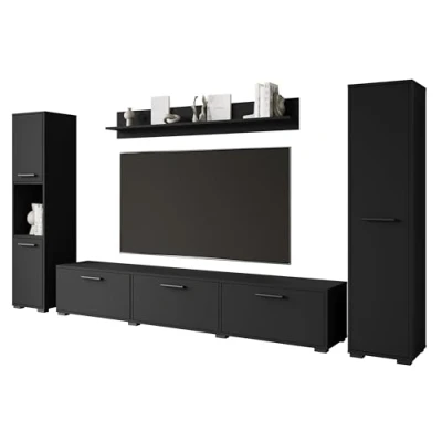 Abbildung von MINIO Wohnwand Wohnzimmer 4 teilig Toga, Möbel Set, 1x TV Lowboard, 2X Hochschrank, Wandboard, Wohnzimmermöbel Komplett, Set Farbe Schwarz Graphit Matte
