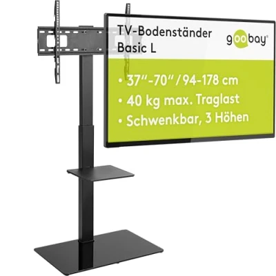 Abbildung von goobay 58526 TV Standfuss für Fernseher und Monitore zwischen 37“ 70 Zoll (94 180cm) / Schwenkbar Höhenverstellbar/Fernsehständer Flat &amp; Curved bis 40 kg Schwarz