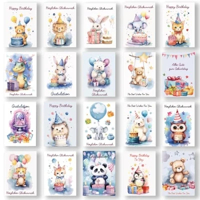 Abbildung von BIROYAL 27er Geburtstagskarten Kinder Set mit Umschlag Happy Birthday Karte Premium Glückwunschkarten Geburtstag als Postkarten Geburtstagskarte für Card