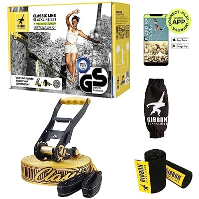 Abbildung von Gibbon Slacklines ClassicLine Komplett Set inkl. Baumschutz 15m TÜV Geprüft Balane und Spaß mit Trampolin Effekt Ergonomische Ratsche Perfekt für Anfänger Fortgeschrittene