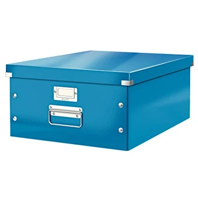 Abbildung von Leitz Click &amp; Store Aufbewahrungsbox mit Deckel Groß, Box für Unterlagen bis A3 im Büro oder Haushalt, Transportbox aus 85 % recycelter Premium Hartpappe, Stabile Metallgriffe, Blau, 60450036