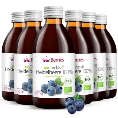 Abbildung von BIO Heidelbeersaft 6er Pack (6x250ml) purer Heidelbeere Direktsaft 100% Kaltgepresst Blaubeer Muttersaft ohne GMO, Konservierungsstoffe, Zuckerzusatz Vegan, Öko, BerriesPolska®