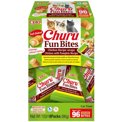 Abbildung von INABA Churu Fun Bites 88% Feuchtigkeit Katzensnacks aus Japan, Hochwertige Proteine mit Huhn und Kürbis, Katzen Leckerlies 96 g (1er Pack)
