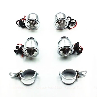 Abbildung von Motorrad Blinker Kontrollleuchte Lampe + Gabelklemmen Kreuzer Old School Bobber Cafe Racer Vintage Retro Clubman Rat Fahrrad (Chrom / Klar)