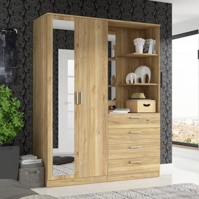 Abbildung von FORTE DEWANIA Kleiderschrank 160, Schrank mit offenen Regalfächern und Spiegel, Holzwerkstoff, Mauvella Eiche Dekor, 159,3 cm breit, 203,4 hoch, 52,7 tief