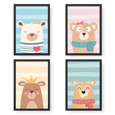 Abbildung von Papierdrachen 4 Kinder Premium Poster DIN A4 Wandbilder für Kinderzimmer Bären hochwertige Kunstdrucke Dekoration Wandbild Set