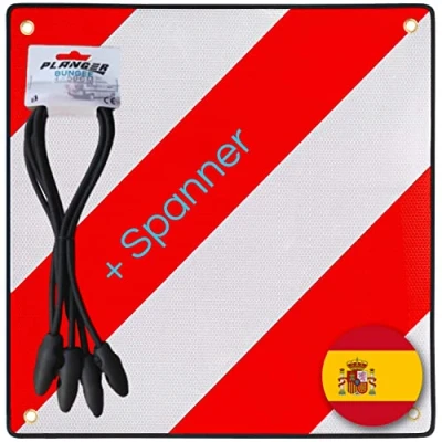 Abbildung von PLANGER® Warntafel Spanien (50 x 50 cm) + Spanner Reflektierendes Warnschild rot weiß für Heckträger u Fahrradträger