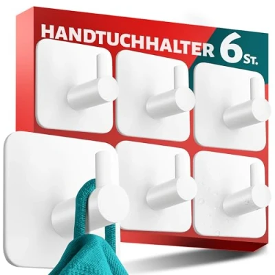 Abbildung von Menz Handtuchhalter ohne Bohren Edelstahl, 6er Set Weiße Badezimmer Handtuchhalter, wasserfeste Klebehaken fürs Bad, Haken selbstklebend als funktionale Handtuchhaken, stabil und rostfrei