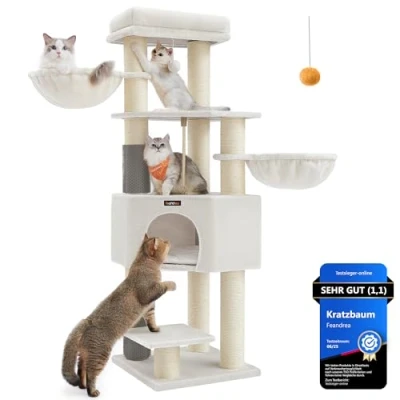 Abbildung von Feandrea Kratzbaum, mit selbstwärmenden Decken, für große Katze, Katzenbaum, 2 Katzenbürsten, 11,1 cm d Dicke Stämme, Plattformen, Höhle, 50 x 160 cm, cremeweiß beige PCT003W02