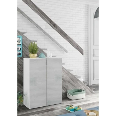 Abbildung von Dmora Mehrzweck Kabinett Olathe, Beistellschrank mit 2 Türen, Niedriger Schuhschrank 6 Regalen, Schuhschrank, cm 70x36h103, Zement und Weiß