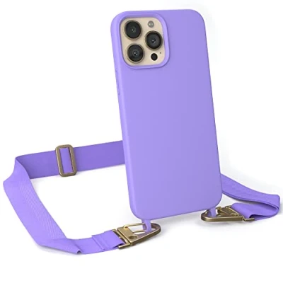 Abbildung von EAZY CASE Handykette Silikon mit Karabiner kompatibel iPhone 13 Pro Max Handyhülle breitem Umhängeband, Handykordel Silikon, Hülle, Kette für Smartphone, Lavendel Lila Clips Gold