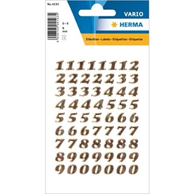 Abbildung von HERMA 4193 Zahlen Aufkleber gold 0 9, 64 Stück, Schriftgröße 8 mm, selbstklebend, klein, Nummer Ziffer Klebezahlen Sticker Hausnummern aus Glitzer Folie zum Aufkleben