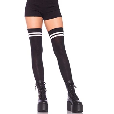 Abbildung von Leg Avenue Halterlose Strümpfe Damen Overknees schwarz mit weißen Streifen Größe 36 bis 40