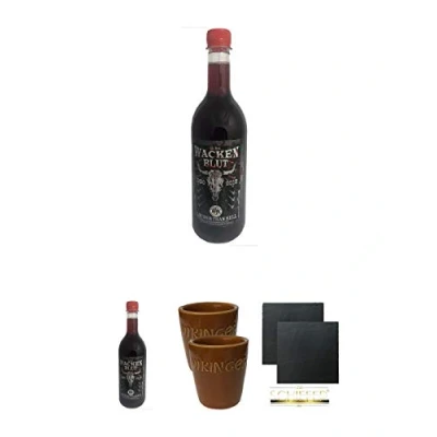 Abbildung von Wacken Blut 0,75 Liter + Wikinger Met Tonbecher 2 Stück Schiefer Glasuntersetzer eckig ca. 9,5 cm Ø