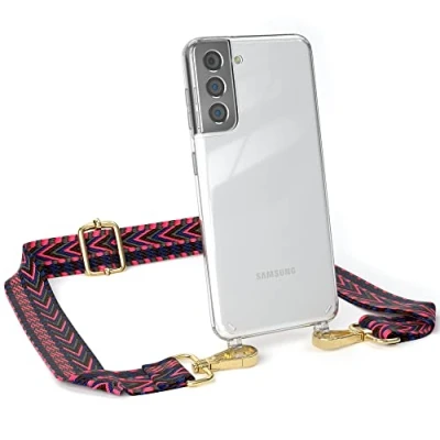 Abbildung von EAZY CASE Handykette Verstellbarer Trageriemen kompatibel mit Samsung Galaxy S21 5G, Schulterriemen, Handykordel Case, DIY Gürteltasche Hülle, Pink/Blau Metallstücke Gold