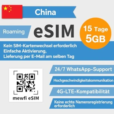 Abbildung von esim Karte, China SIM Karte 15 Tage 5 GB, Aktivierung erforderlich, für kompatible Geräte, 4G Hochgeschwindigkeitsnetz, Festland