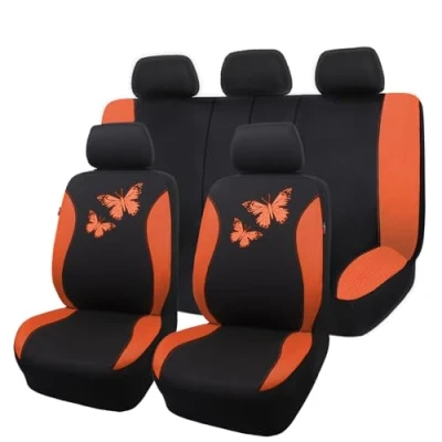 Abbildung von Flying Banner Autositzbezüge aus atmungsaktivem Netzstoff, buntes Schmetterlings Offset Druckmuster, Airbag kompatibel, vollständiges Set, Orange