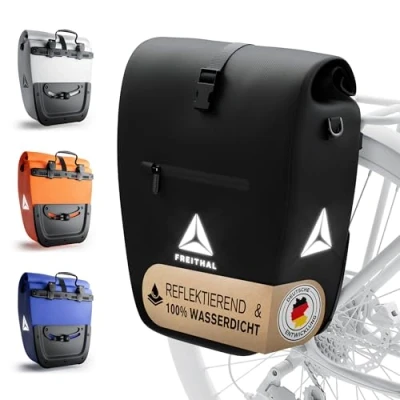 Abbildung von FREITHAL Fahrradtasche für Gepäckträger aus recyceltem Gewebe [27L] Verwendbar als Gepäckträgertasche &amp; Umhängetasche 100% wasserdichte Reflektierende Bike Bag