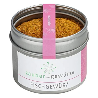 Abbildung von Zauber der Gewürze Fischgewürz, für Fisch, Lachs, Bratfisch, Scampi, Garnelen, Muscheln und Meeresfrüchte, zum Verfeinern von Fischgerichten, in wiederverschließbarer Aroma Dose, 70 g