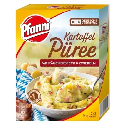Abbildung von Pfanni Kartoffel Püree mit Räucherspeck &amp; Zwiebeln für ein leckeres Kartoffelgericht 100% deutschen Kartoffeln 10x 150 g