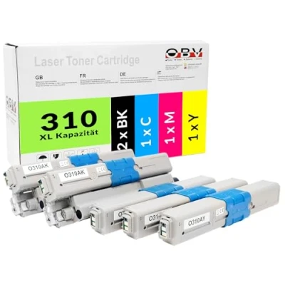 Abbildung von OBV 5X kompatibler Toner als Ersatz für Oki C310 C330 C510 C530 MC351 MC352 MC361 MC362 MC561 MC562 schwarz, cyan, magenta, gelb