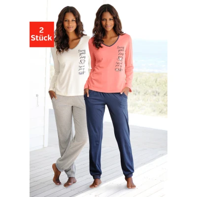 Abbildung von Lascana SET 2 PACK Nachtwäsche Set, Damen, Größe: 32/34, Ecru grau meliert koralle marine
