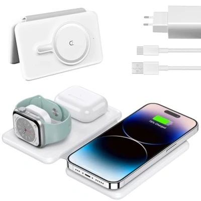 Abbildung von Soslina Mag Safe Ladegerät für iPhone, Faltbare 3 in 1 Ladestation Unterwegs, Wireless Charger, Magnetische Induktive Ladestation, iPhone 16, 15, 14, 13, 12 Pro Max Plus, Apple Watch und AirPods