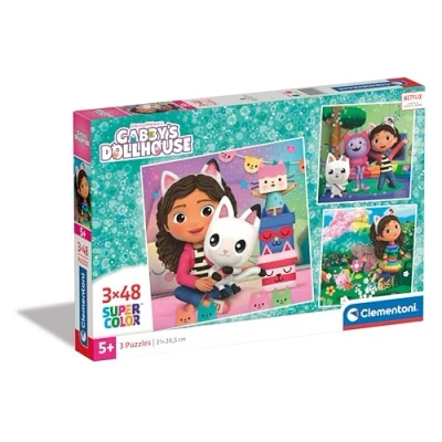 Abbildung von Clementoni Supercolor Gabbys Dollshouse Puzzle 3 x 48 Teile für Kinder ab 5 Jahren buntes Kinderpuzzle mit besonderer Leuchtkraft &amp; Farbintensität 25300
