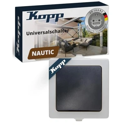 Abbildung von Kopp Nautic Universalschalter (Aus Wechsel Schalter), Aufputz, Lichtschalter für Feuchtraum, 250V (10A), IP44, grau, 565656001
