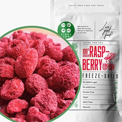 Abbildung von Gefriergetrocknete Himbeeren Früchte Freeze Dried Fruit Trockenfrüchte Gefriergetrocknet Raspberry Getrocknete ZingyZoo (90g)