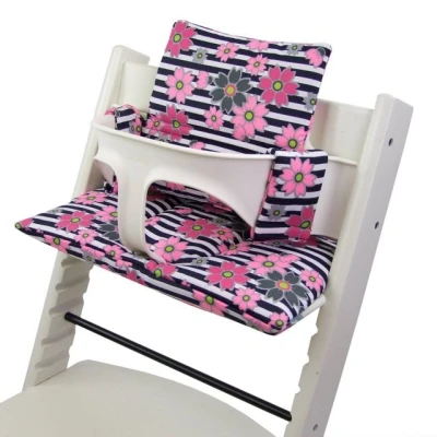 Abbildung von BAMBINIWELT Ersatzbezug Bezug Sitzkissen Kissen Set Sitzverkleinerer kompatibel mit STOKKE Tripp Trapp für Hochstuhl Kinderstuhl DESIGN (Streifen pinke Blumen)