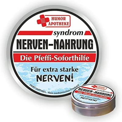 Abbildung von Pfefferminz Bonbon Metalldose Nervennahrung, Für extra starke Nerven Soforthilfe Humorapotheke Spaßmedizin Humormedizin Pfefferminzdragees Dose Blechdose Pillendose
