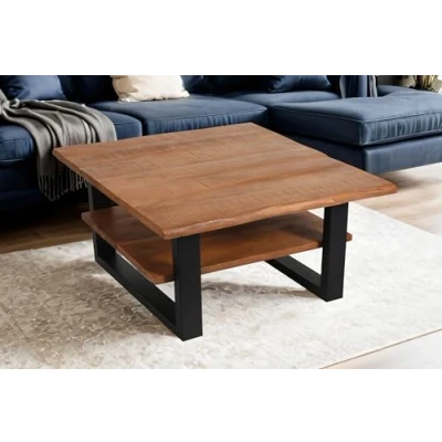 Abbildung von SAM Couchtisch 90x90 cm Patrick, Sofatisch/Beistelltisch mit Ablage, Mangoholz massiv, honigfarben lackiert, U Metallgestell schwarz, echte Baumkante